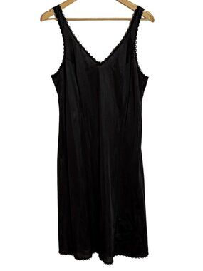 Vintage Warner's Black Slip Dress Nightgown Lace Trim Size L